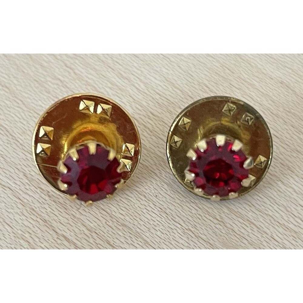 Two Vintage Gold Tone Red Glass Lapel Pin Tack